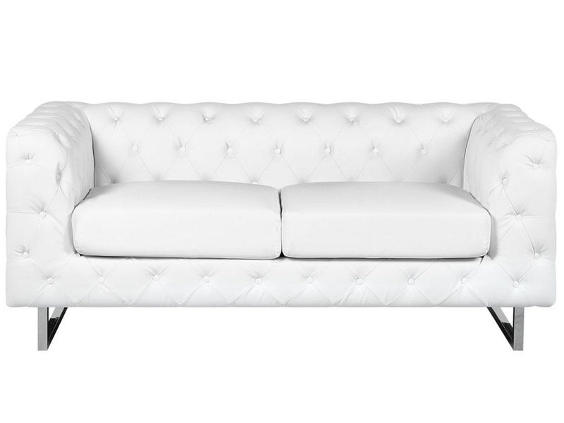 2 Seater Chesterfield Style Sofa White Tuxedo Arms Buttoned Back Silver Legs Faux Leather Beliani