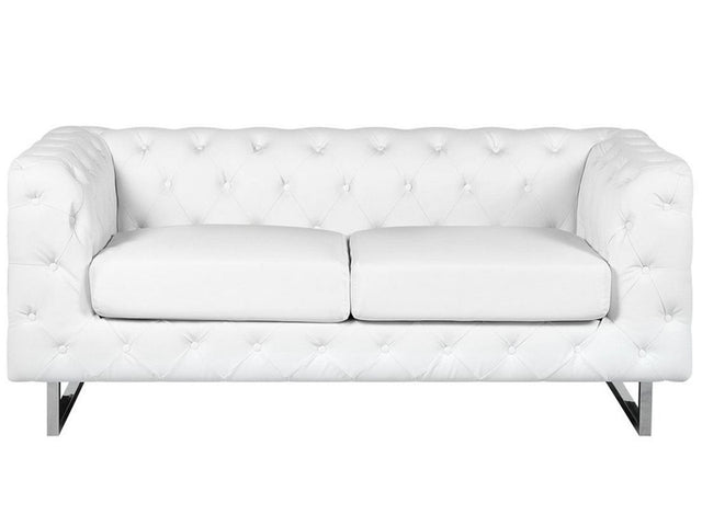 2 Seater Chesterfield Style Sofa White Tuxedo Arms Buttoned Back Silver Legs Faux Leather Beliani