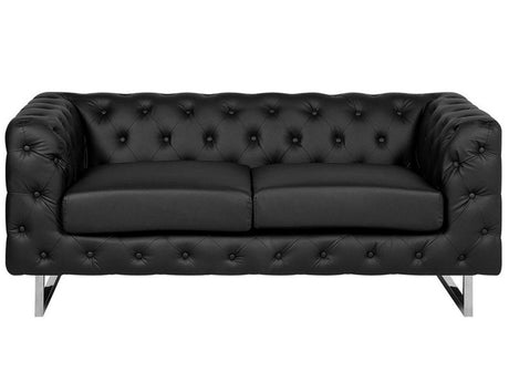 2 Seater Chesterfield Style Sofa Black Tuxedo Arms Buttoned Back Silver Legs Faux Leather Beliani