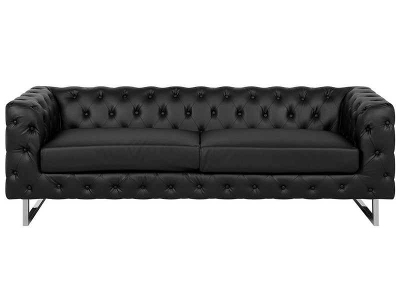 3 Seater Chesterfield Style Sofa Black Tuxedo Arms Buttoned Back Silver Legs Faux Leather Beliani