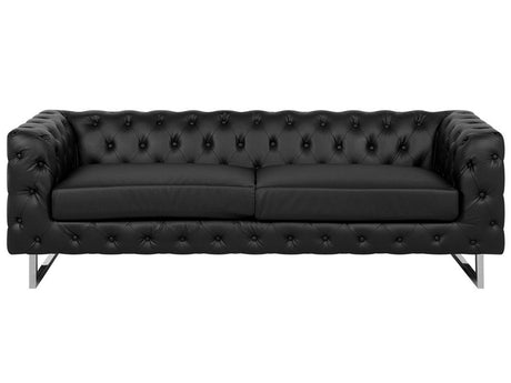 3 Seater Chesterfield Style Sofa Black Tuxedo Arms Buttoned Back Silver Legs Faux Leather Beliani