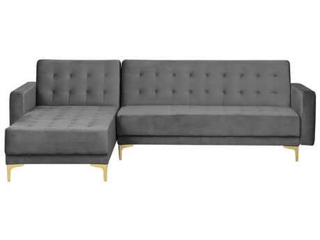 Hjørnesofa Grå Velour med Skumfyld og Guld Forkromet Metal 4 personers Moderne L-formet tuftet modulær med sovefunktion højrevendt Beliani