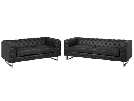 3 + 2 Seater Chesterfield Style Sofa Set Black Tuxedo Arms Buttoned Back Silver Legs Faux Leather Beliani