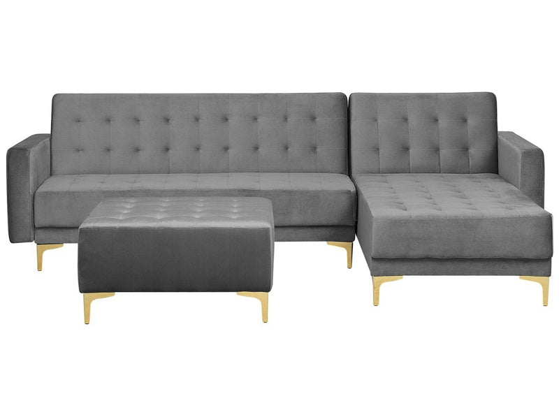 Corner Sofa Bed Grey Velvet Tufted Fabric Modern L-Shaped Modular 4 Seater with Ottoman Left Hand Chaise Longue Beliani