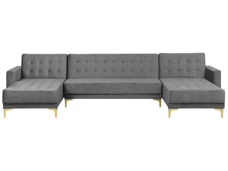 Corner Sofa Bed Grey Velvet Tufted Fabric Modern U-Shaped Modular 5 Seater with Chaise Lounges Beliani