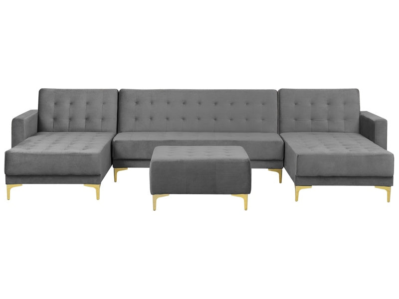 Corner Sofa Bed Grey Velvet Tufted Fabric Modern U-Shaped Modular 5 Seater with Ottoman Chaise Lounges Beliani