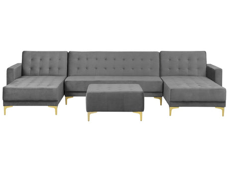 Corner Sofa Bed Grey Velvet Tufted Fabric Modern U-Shaped Modular 5 Seater with Ottoman Chaise Lounges Beliani