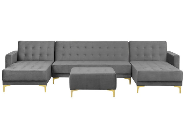 Corner Sofa Bed Grey Velvet Tufted Fabric Modern U-Shaped Modular 5 Seater with Ottoman Chaise Lounges Beliani