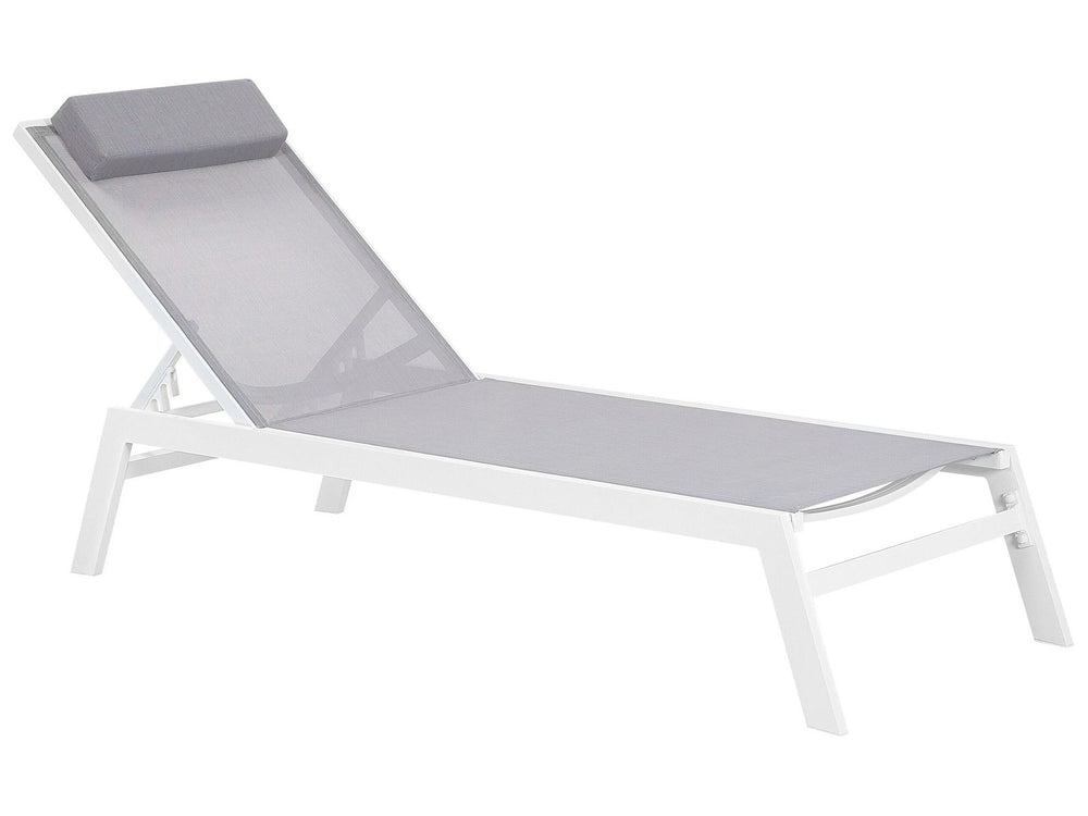 Sun Lounger Grey Sling Headrest Cushion White Aluminium Frame Reclining Garden Outdoor Beliani
