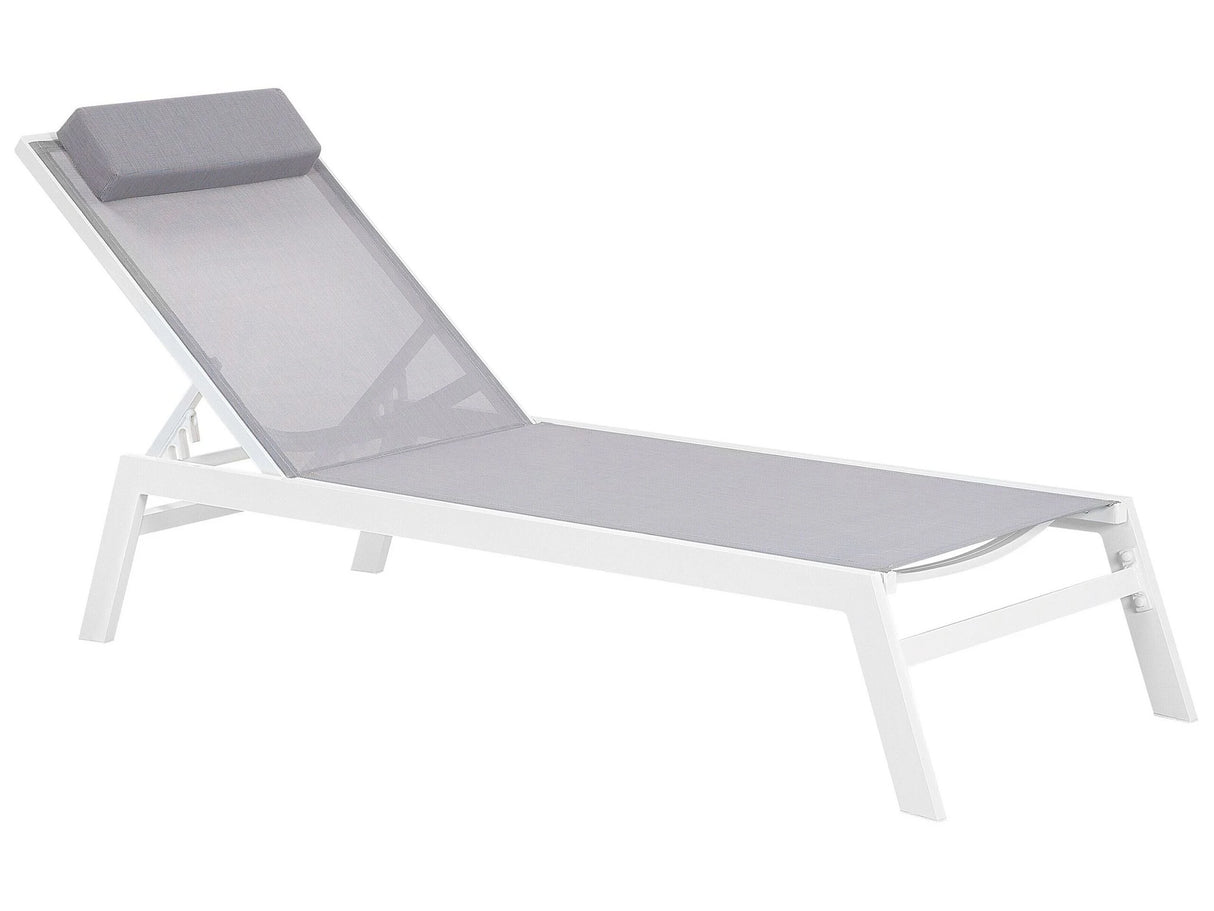 Sun Lounger Grey Sling Headrest Cushion White Aluminium Frame Reclining Garden Outdoor Beliani