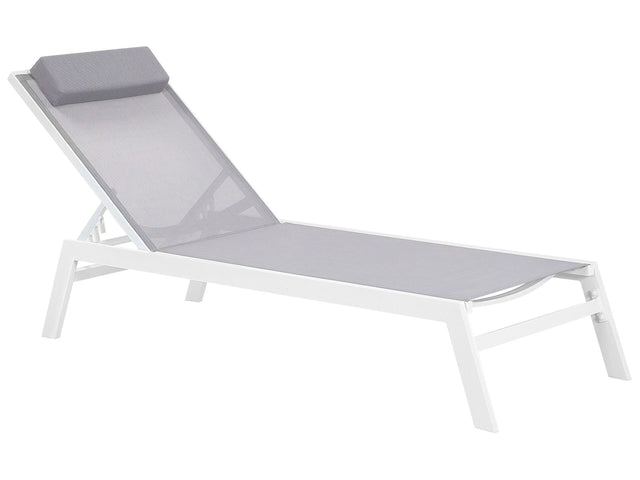 Sun Lounger Grey Sling Headrest Cushion White Aluminium Frame Reclining Garden Outdoor Beliani