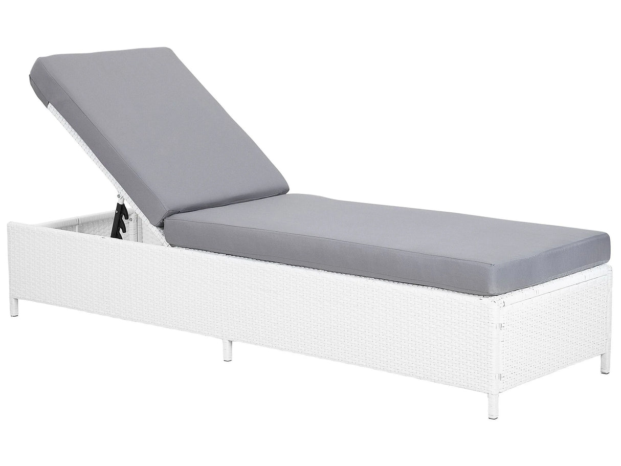 Sun Lounger White Faux Rattan with Cushion Adjustable Headrest Beliani