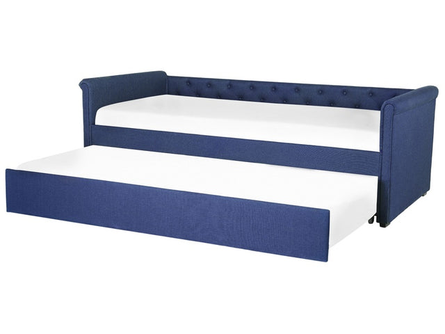 Trundle Bed Blue Fabric Upholstery EU Single Size Guest Underbed Buttoned Beliani