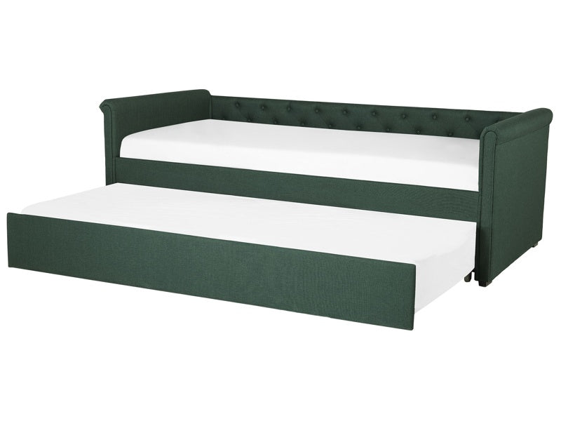 Trundle Bed Green Fabric Upholstery EU Single Size Guest Underbed Buttoned Beliani