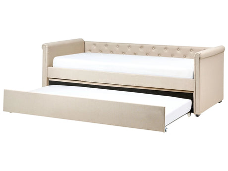 Trundle Bed Beige Fabric Upholstery EU Single Size Guest Underbed Buttoned Beliani