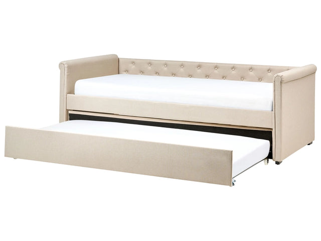 Trundle Bed Beige Fabric Upholstery EU Single Size Guest Underbed Buttoned Beliani