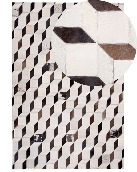 Rug Cream Leather 140 x 200 cm Modern Patchwork Cowhide 3D Pattern Handcrafted Rectangular Carpet Beliani