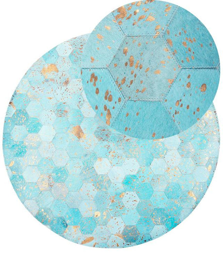 Rug Blue Leather 140 cm Modern Patchwork Turquoise Honeycomb Patter Hand Woven Round Carpet Beliani