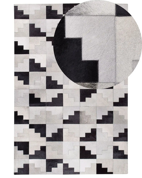 Rug Black with Grey Leather 160 x 230 cm Modern Patchwork Handmade Rectangular Carpet Beliani