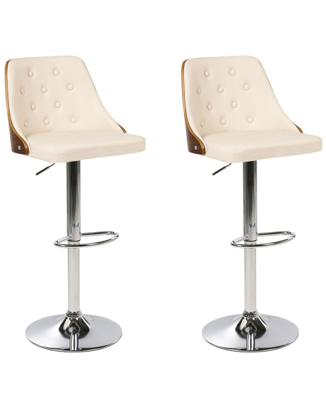 Set of 2 Bar Stools Beige Faux Leather with Dark Wood Tufted Back Silver Metal Swivel Base with Footrest Gas Lift Height Adjustment Beliani