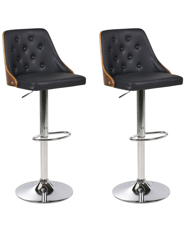 Set of 2 Bar Stools Black Faux Leather with Dark Wood Tufted Back Silver Metal Swivel Base with Footrest Gas Lift Height Adjustment Beliani