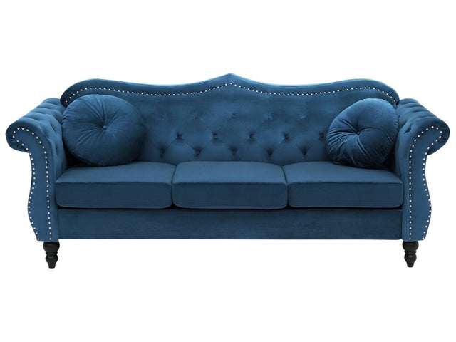 Sofa Blue Velvet 3 Seater Nailhead Trim Button Tufted Throw Pillows Rolled Arms Glam Beliani