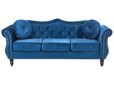 Sofa Blue Velvet 3 Seater Nailhead Trim Button Tufted Throw Pillows Rolled Arms Glam Beliani