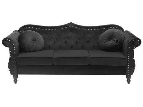 Sofa Black Velvet 3 Seater Nailhead Trim Button Tufted Throw Pillows Rolled Arms Glam Beliani