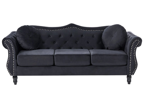 Sofa Black Velvet 3 Seater Nailhead Trim Button Tufted Throw Pillows Rolled Arms Glam Beliani