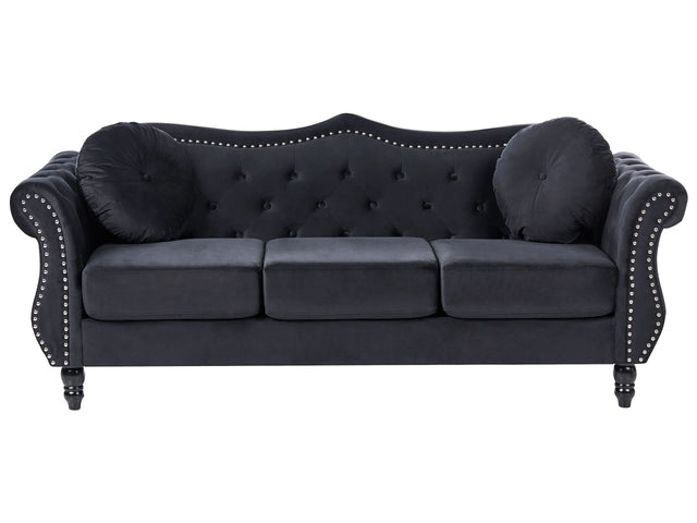 Sofa Black Velvet 3 Seater Nailhead Trim Button Tufted Throw Pillows Rolled Arms Glam Beliani