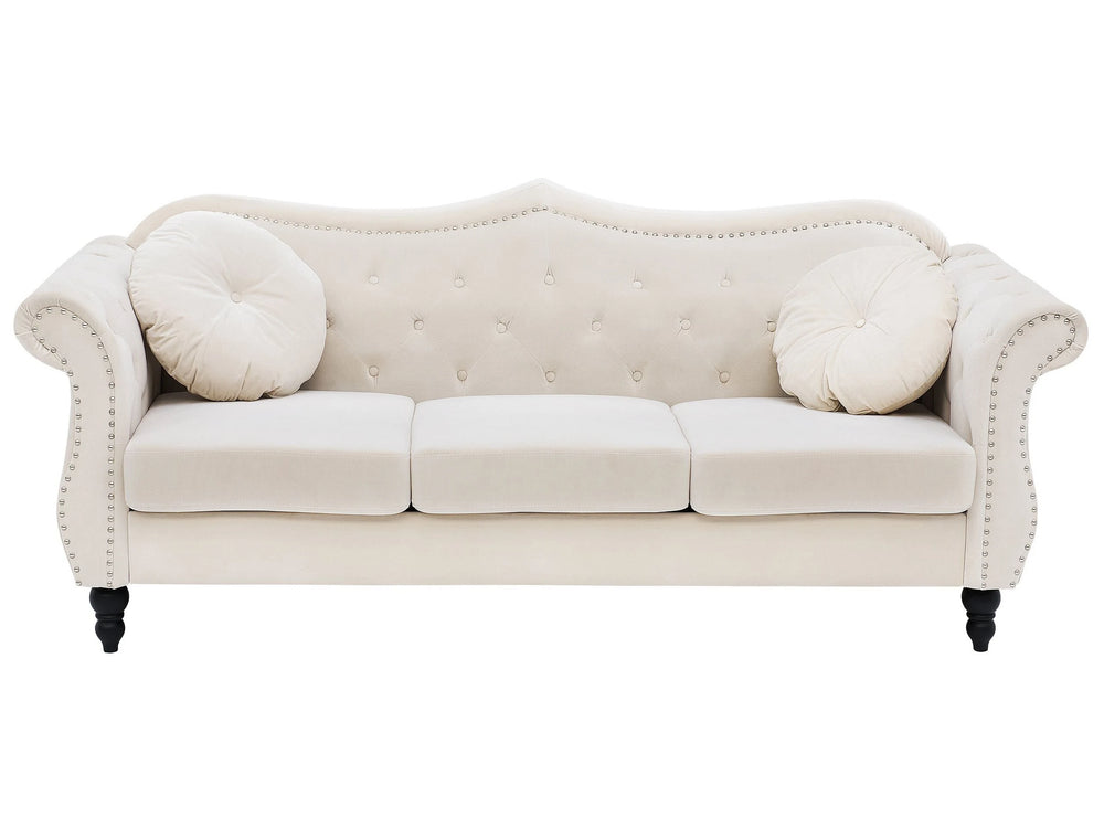 Sofa Beige Velvet 3 Seater Nailhead Trim Button Tufted Throw Pillows Rolled Arms Glam Beliani