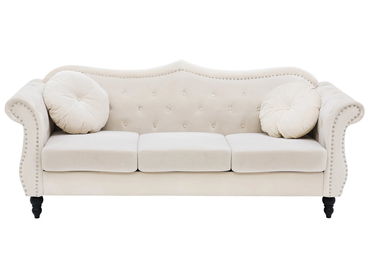 Sofa Beige Velvet 3 Seater Nailhead Trim Button Tufted Throw Pillows Rolled Arms Glam Beliani