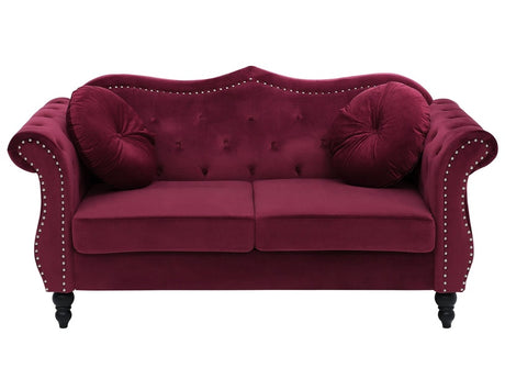 Sofa Red Velvet 2 Seater Nailhead Trim Button Tufted Throw Pillows Rolled Arms Glam Beliani