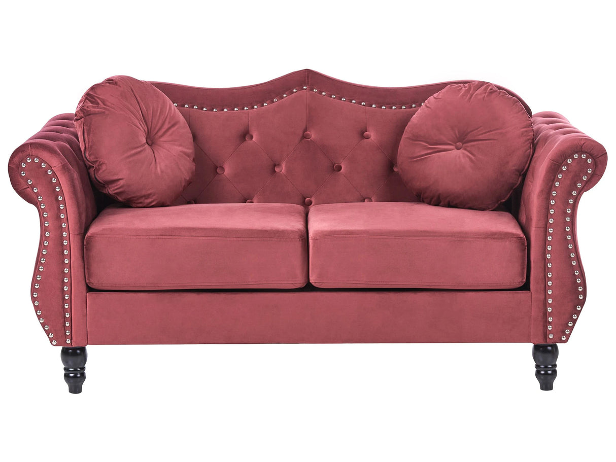 Sofa Dark Red Velvet 2 Seater Nailhead Trim Button Tufted Throw Pillows Rolled Arms Glam Beliani