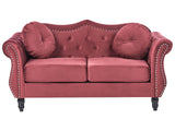 Sofa Dark Red Velvet 2 Seater Nailhead Trim Button Tufted Throw Pillows Rolled Arms Glam Beliani