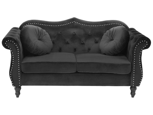 Sofa Black Velvet 2 Seater Nailhead Trim Button Tufted Throw Pillows Rolled Arms Glam Beliani