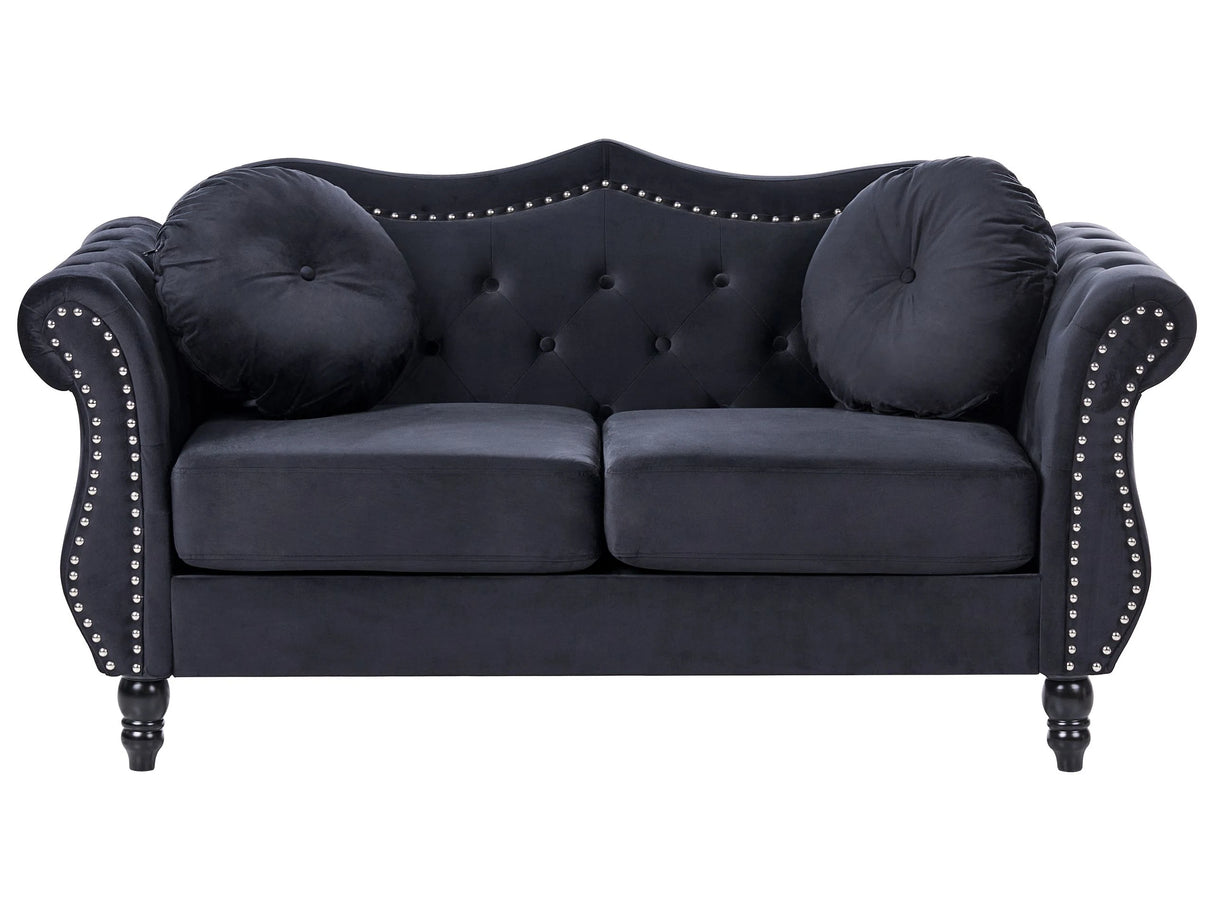 Sofa Black Velvet 2 Seater Nailhead Trim Button Tufted Throw Pillows Rolled Arms Glam Beliani