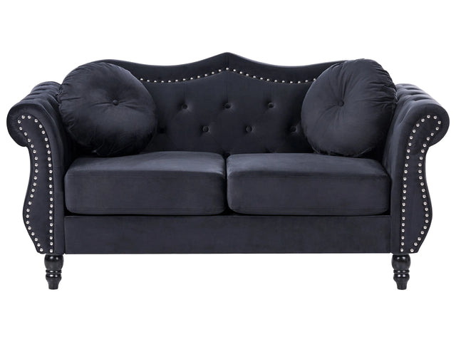 Sofa Black Velvet 2 Seater Nailhead Trim Button Tufted Throw Pillows Rolled Arms Glam Beliani