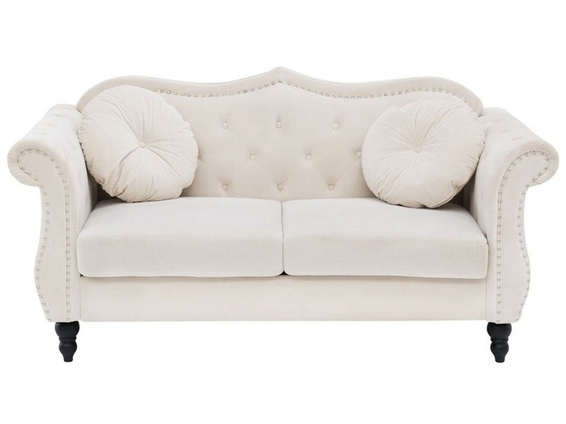 Sofa Beige Velvet 2 Seater Nailhead Trim Button Tufted Throw Pillows Rolled Arms Glam Beliani