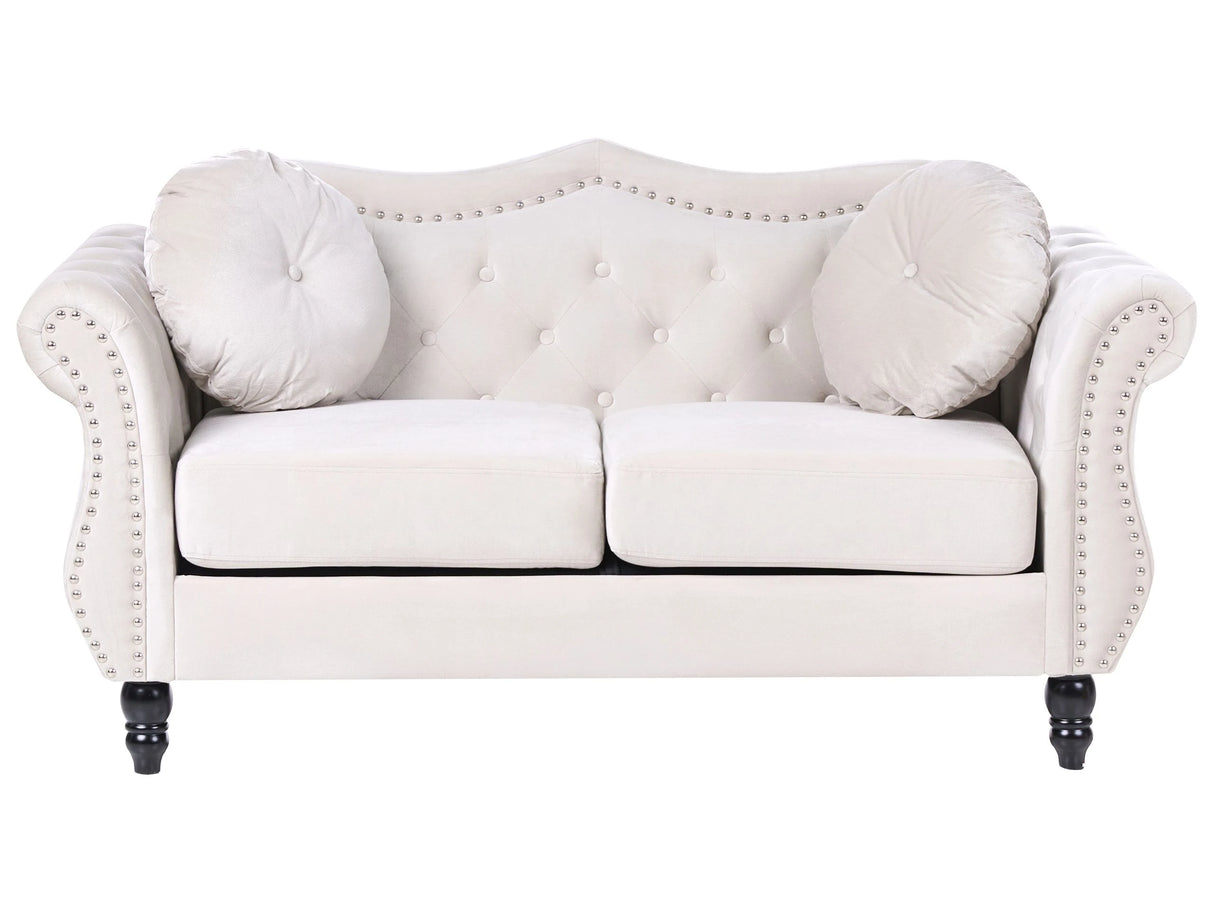 Sofa Light Beige Velvet 2 Seater Nailhead Trim Button Tufted Throw Pillows Rolled Arms Glam Beliani