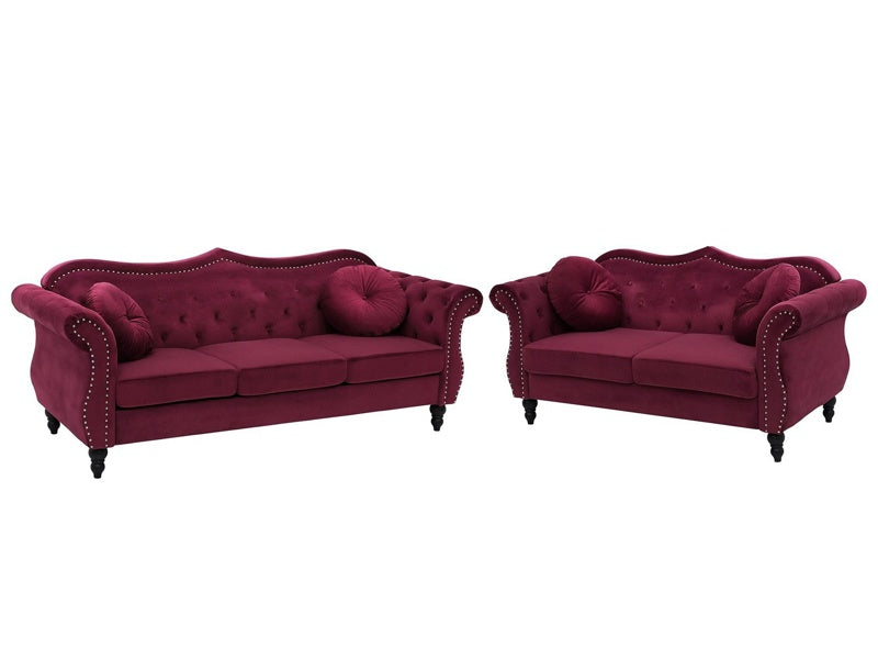 Living Room Set Red Velvet 2 Seater 3 Seater Nailhead Trim Button Tufted Throw Pillows Rolled Arms Glam Beliani