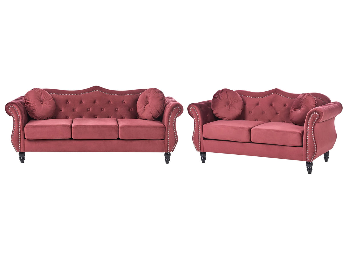 Living Room Set Dark Red Velvet 2 Seater 3 Seater Nailhead Trim Button Tufted Throw Pillows Rolled Arms Glam Beliani