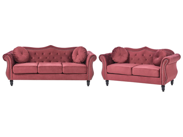 Living Room Set Dark Red Velvet 2 Seater 3 Seater Nailhead Trim Button Tufted Throw Pillows Rolled Arms Glam Beliani