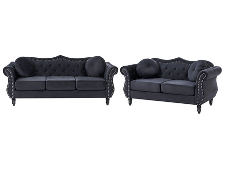 Living Room Set Black Velvet 2 Seater 3 Seater Nailhead Trim Button Tufted Throw Pillows Rolled Arms Glam Beliani