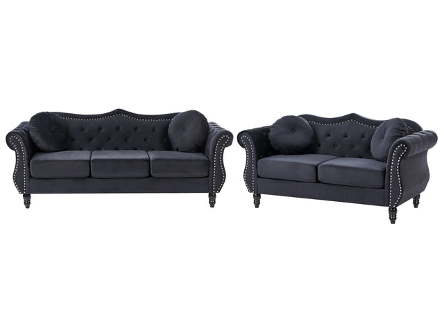 Living Room Set Black Velvet 2 Seater 3 Seater Nailhead Trim Button Tufted Throw Pillows Rolled Arms Glam Beliani