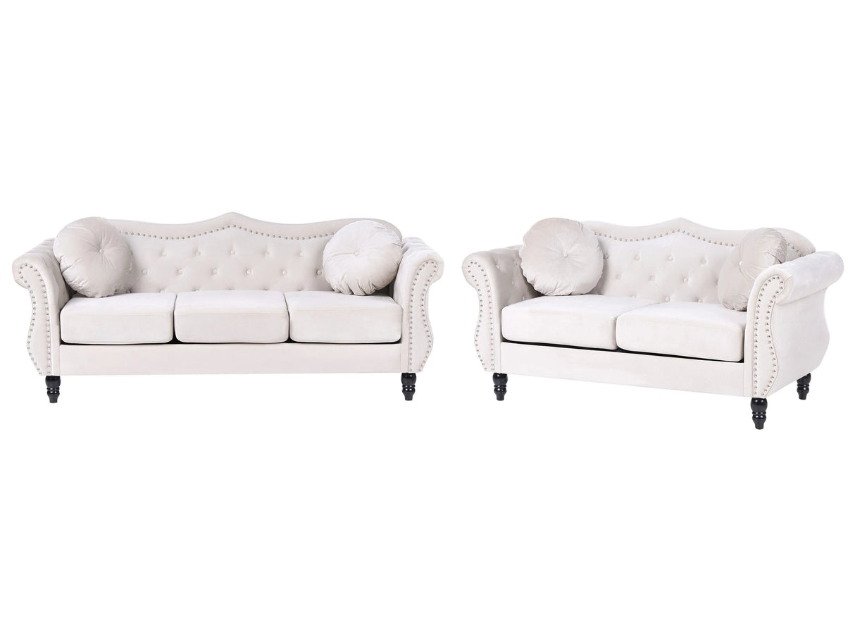 Living Room Set Beige Velvet 2 Seater 3 Seater Nailhead Trim Button Tufted Throw Pillows Rolled Arms Glam Beliani