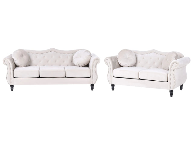 Living Room Set Beige Velvet 2 Seater 3 Seater Nailhead Trim Button Tufted Throw Pillows Rolled Arms Glam Beliani