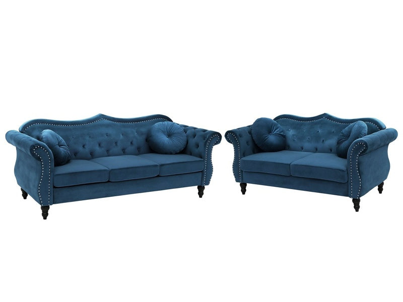 Living Room Set Blue Velvet 2 Seater 3 Seater Nailhead Trim Button Tufted Throw Pillows Rolled Arms Glam Beliani