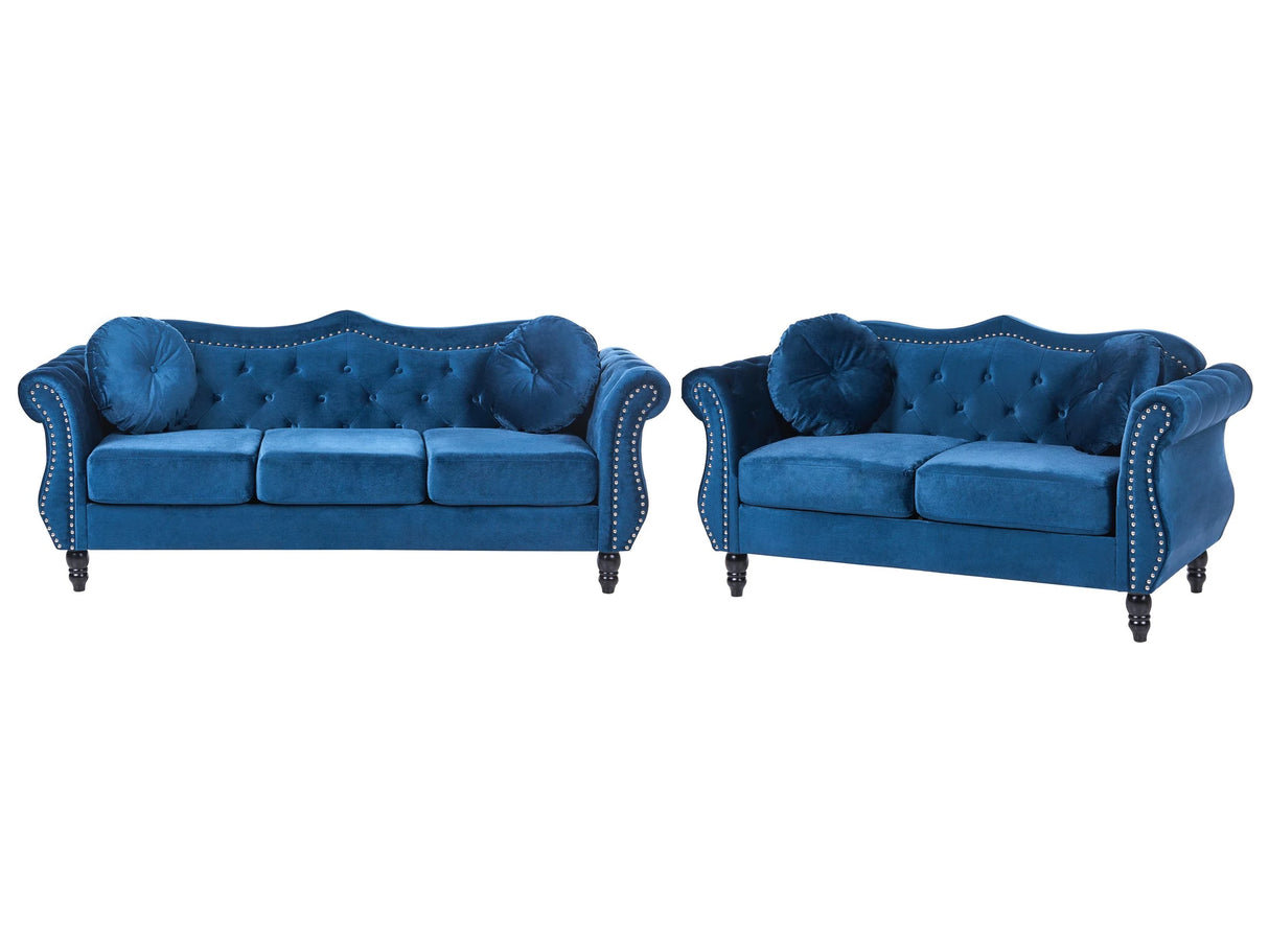 Living Room Set Blue Velvet 2 Seater 3 Seater Nailhead Trim Button Tufted Throw Pillows Rolled Arms Glam Beliani