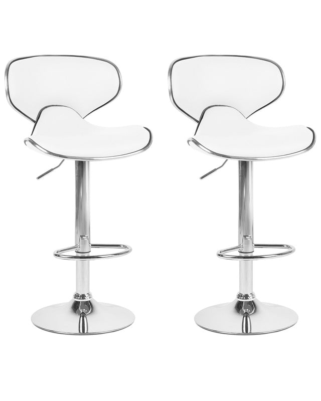 Set of 2 Bar Chairs White Faux Leather Upholstery Footstool Swivel Gas Lift Adjustable Height Glamour Beliani